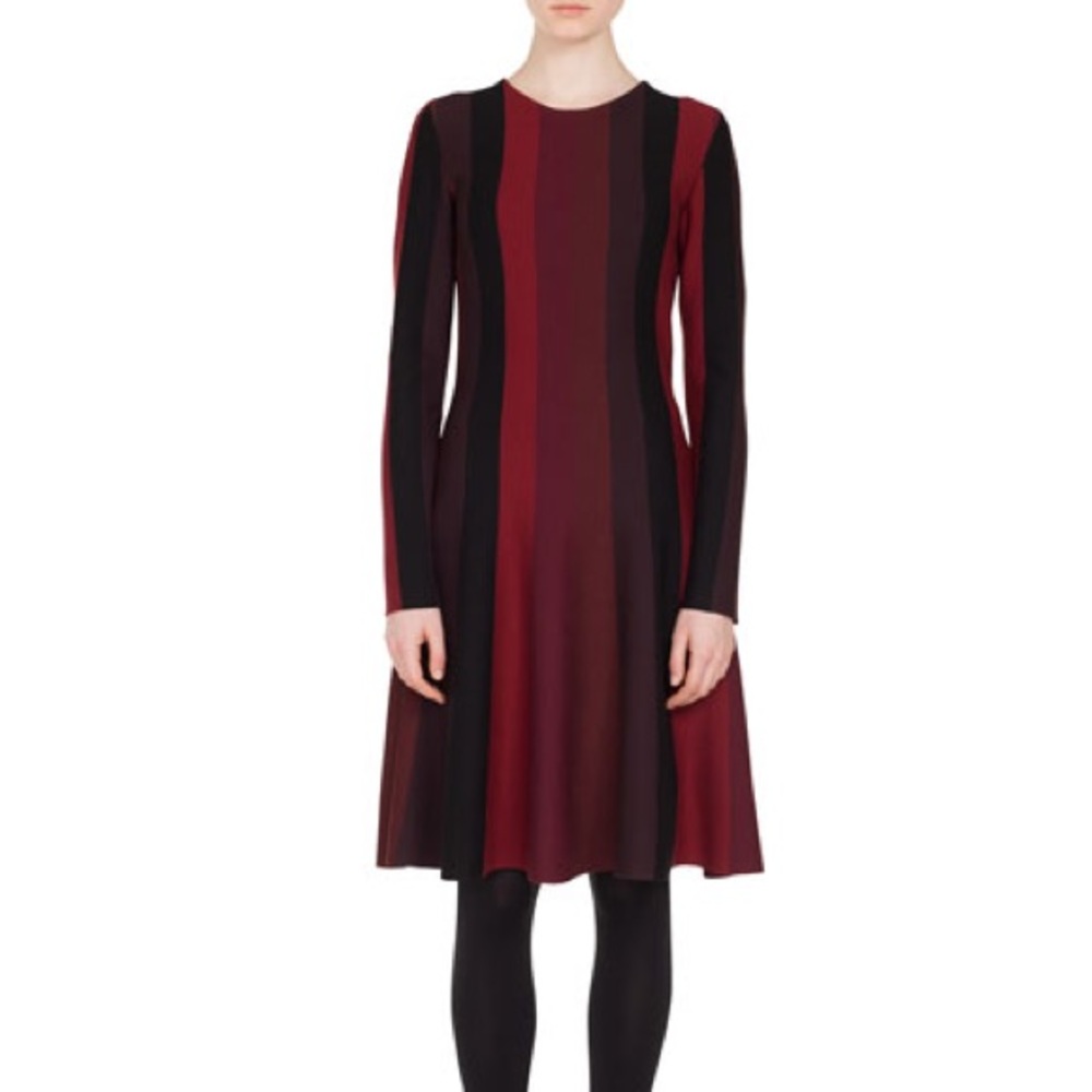 Akris punto Long-Sleeve Crewneck A-Line Striped Knit Wool Dress